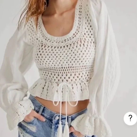 NWT, Free People Megan Ivory Crochet Long Sleeve Bohemian Crop Top, Size X-Small - Picture 1 of 13